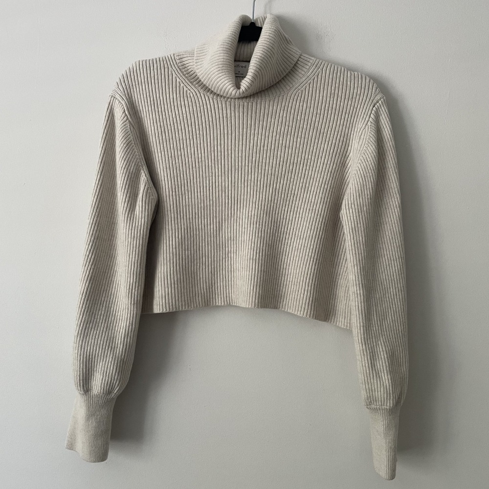 Wilfred Rebecca Merino Wool Turtleneck Sweater Oatmeal Size M Rib Knit Slouchy